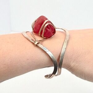 Modernist Vintage Red Sea Glass Sterling Silver Bracelet 1960s Sculptural Cuff
